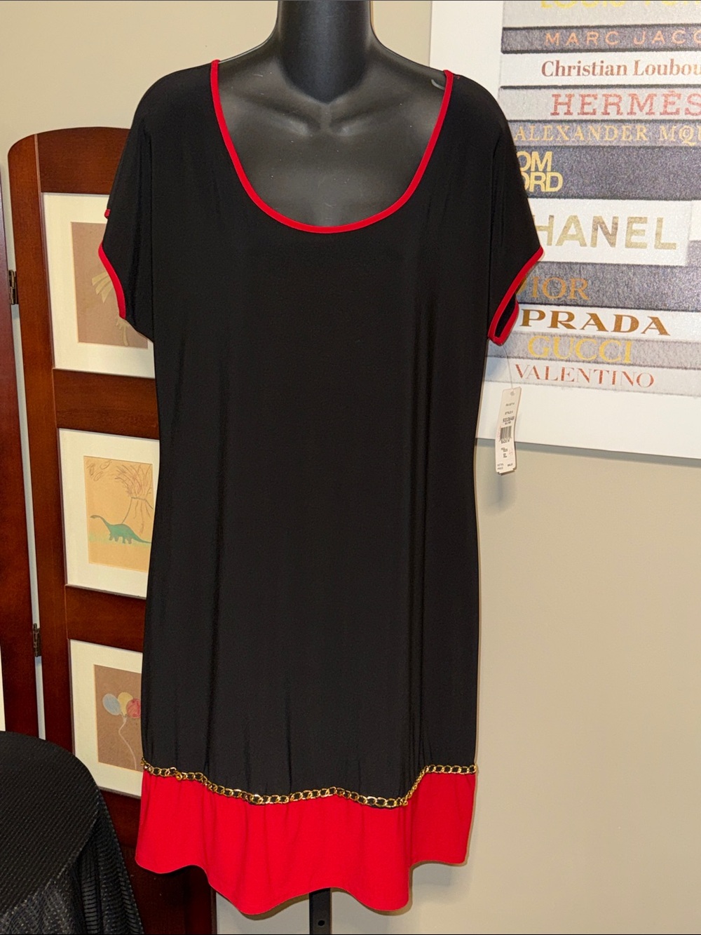 MSK Black Midi Dress with Red Trim and Gold Chain
